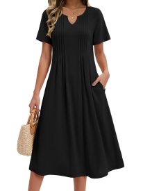 Women's Casual Short Sleeve A-line Midi Dress with Pocket (US Only)