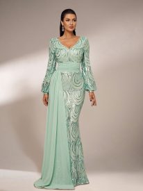 Formal Draping Sequin Long Sleeve Dress XJ1524
