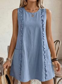 Women's 2026 Summer Cute Ruffle Trim Sleeveless Mini Vest Dress with Pockets Casual Beach Sundress