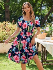 Womens Casual Dress Square Neck Puff Sleeve Boho Dress
