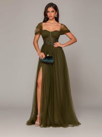 Square Neck Corset Split Mesh Prom Dress XF1022
