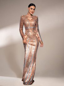 Backless Crew Neck Rosegold Sequin Dress RJ10456