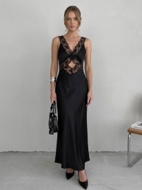 Black Satin Lace Backless Maxi Dress XF251334