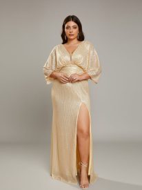 Plus Size V-neck High Split Sequin Gold Prom Dress PRJ10652