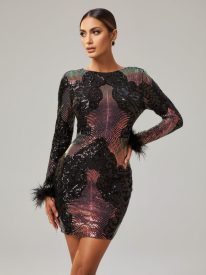 Feather Sleeve Contrast Black Sequin Mini Dress GM90013