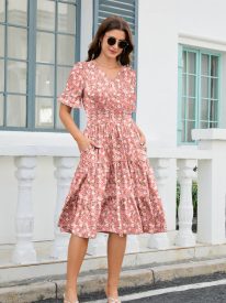 Boho Floral Layer Ruffle Hem Midi A-Line Dress (US Only)