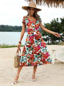 Women's Casual Dress Flutter Button Down Tiered Flowy Dress