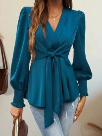 Elegant Tie Waist V-Neck Wrap Blouse