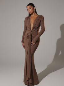 Plung Long Sleeve Ruched Solid Prom Dress MYC2022