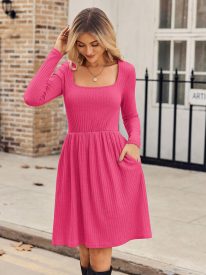 Womens Casual Sweater Dress Square Neck Knit Long Sleeve Dress