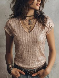 Shimmer Sequin V-Neck Short Sleeve T-shirt