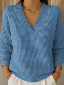 Casual Waffle V-neck Loose Fit Top