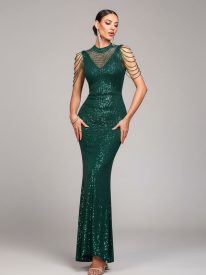 Emerald Green Sequin Chain Mock Neck Formal Dress GM90187