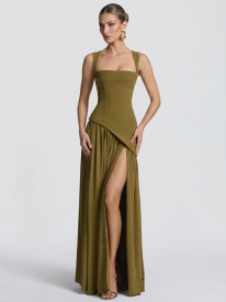 Olive Green Asymmetric Waist High Slit Formal Dress XF251320