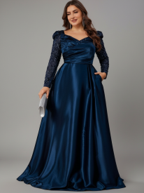 Holly Plus Navy Satin Puff-Sleeve Formal Dress