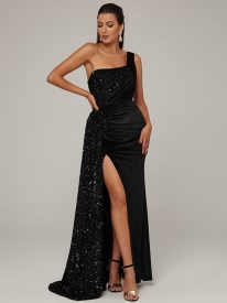 One Shoulder Velvet Split Thigh Prom Dress XH2356