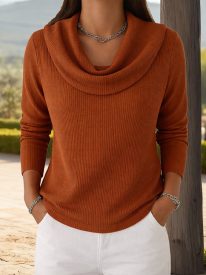 Fashion Cozy Fit Waffle Cowl Neck Top