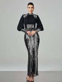 Silver Graphic Sequin Ballon Sleeve Prom Dress M00718