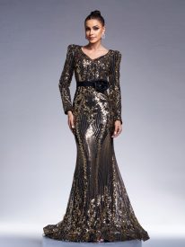 Black Long Sleeve Sequined V-neck Dress DH80240