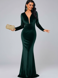 Long Sleeve Velvet Green Evening Dress XJ940