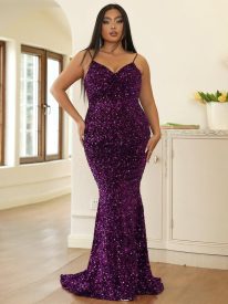 Plus Spaghetti Sequin Evening Dress PXJ1646