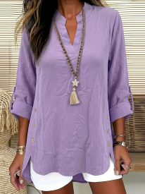Casual Decorative Buttons 3/4 Sleeve Textured Blouse