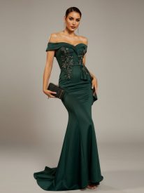 Green Embroidered Off Shoulder Mermaid Evening Dress XJ1843