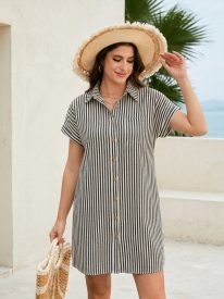 Casual Breathable 100% Cotton Shirt Dress with Pocket (US Only)