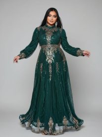 Plus Stand Collar Sequin A-line Dress PMES00341