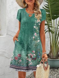 Women's Casual A-Line Dresses with Pockets Floral Tshirt Dress