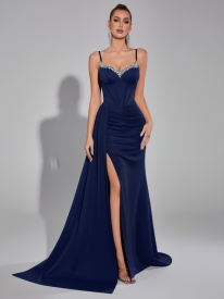 Navy Sweetheart Neck Corset Split Evening Dress XF05703