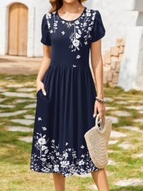 Women Short Sleeve Midi Dress with Pockets (US Only)
