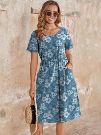 Womens Midi Dress Short Sleeve A-Line Cotton Linen Dress
