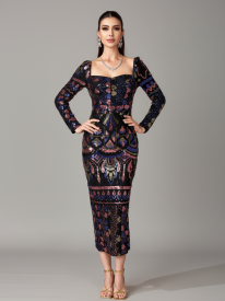 Square Neck Long Sleeve Split Sequin Dress RM20830