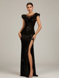 Tatiana Black Ruffled Mesh Sequin Formal Dress