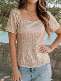 Shimmer Square Neck Sequin Puff Sleeve Top