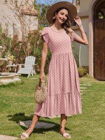 Midi A Line Dress Short Sleeve Casual Flowy Tiered Sundress (US Only)